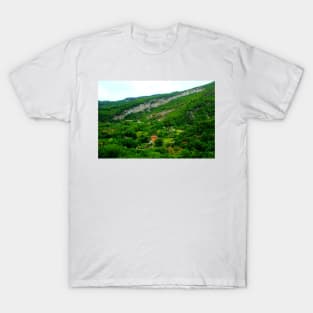 View in Castel Trosino at a ridge of rough mountain standing above human settlements T-Shirt